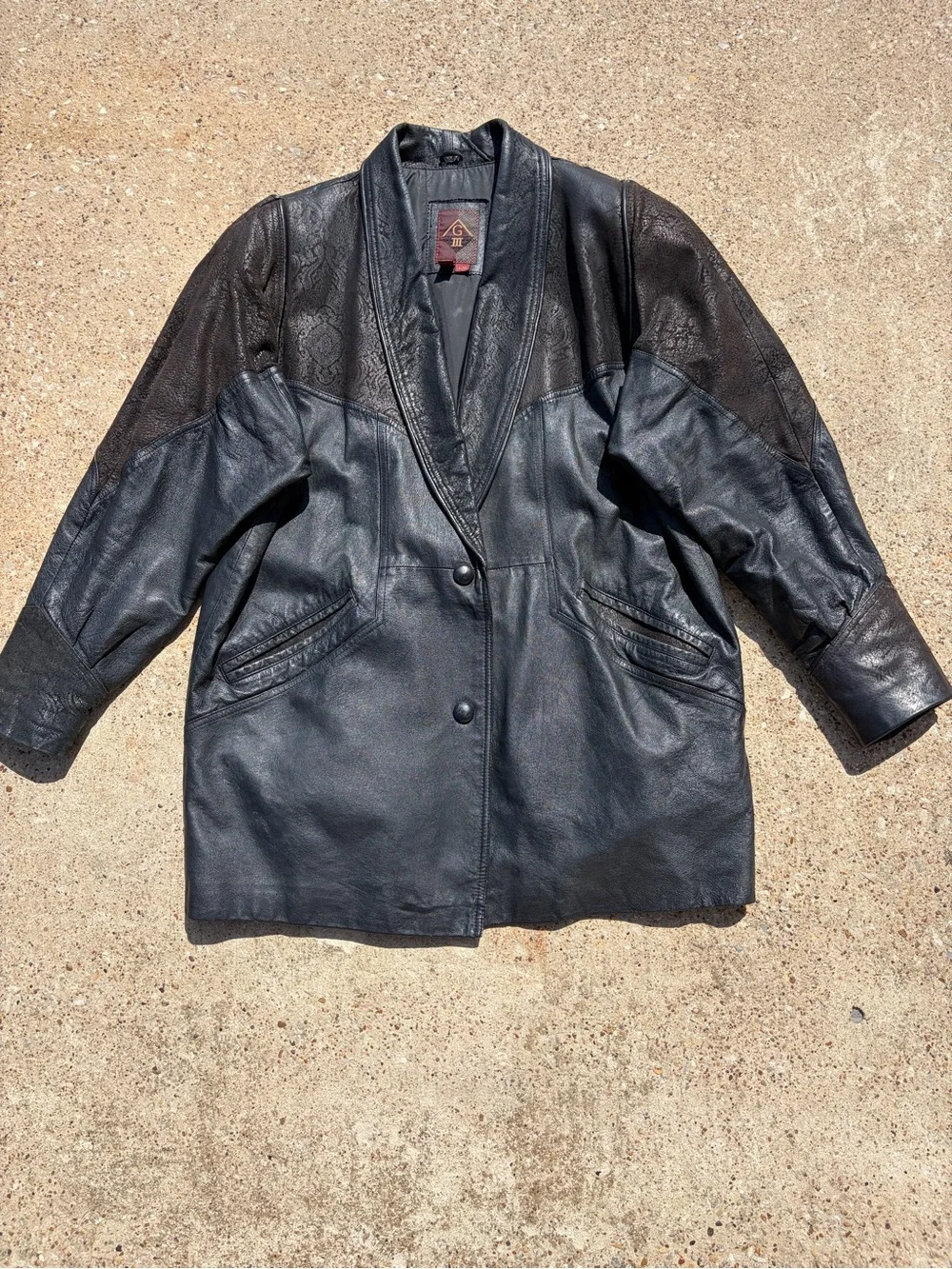 Vintage G-III Leather Coat Jacket Large L Black Brown Embossed Paisley 80s 90s